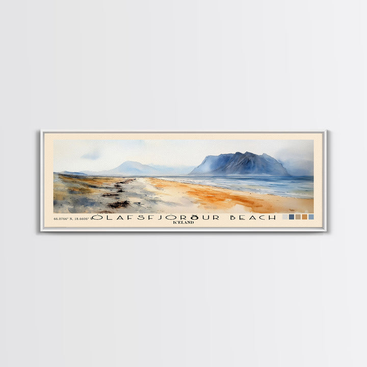Ólafsfjörður Beach, Iceland Watercolor Print, Vacation Gift, Iceland Wall Art, Beach Painting, Beach Decor, Large Wall Art, Wood Frame Art
