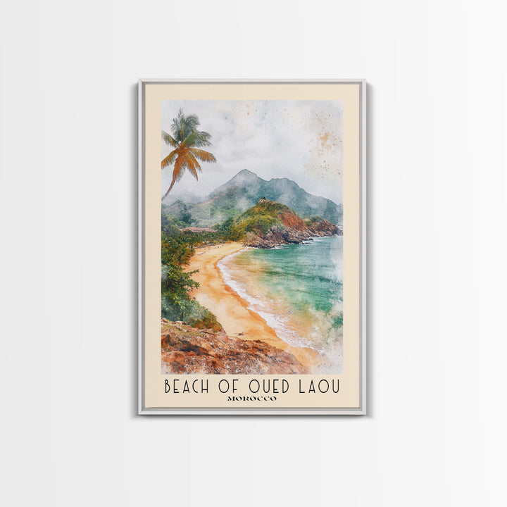 Beach of Oued Laou, Morocco Watercolor Print, Vacation Gift, Morocco Wall Art, Beach Painting, Beach Decor, Large Wall Art, Wood Frame Art