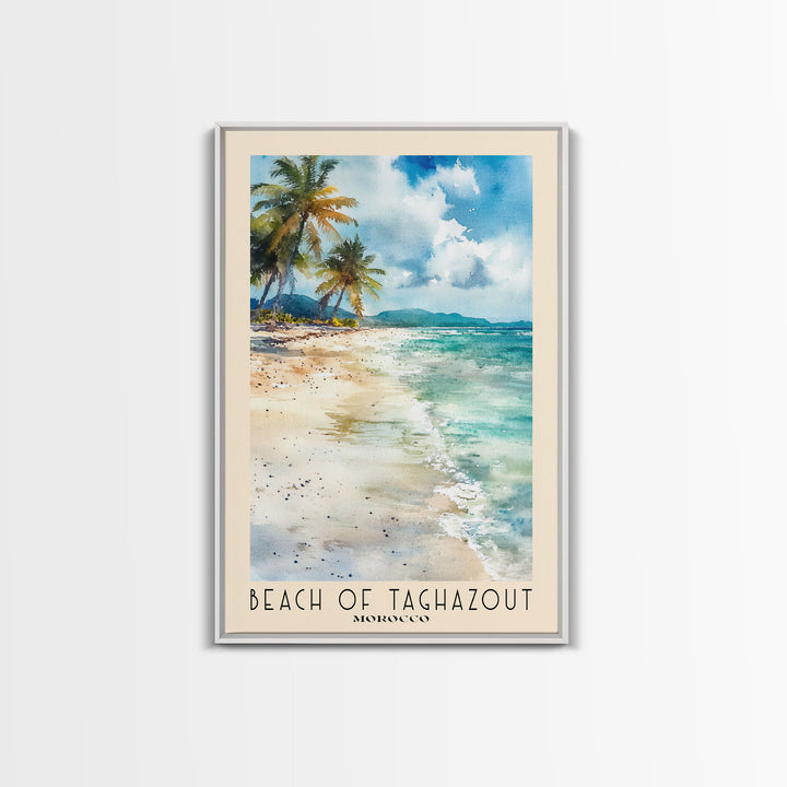 Beach of Taghazout, Morocco Watercolor Beach Print, Vacation Gift, Morocco Wall Art, Framed Canvas Print, Framed Beach Painting
