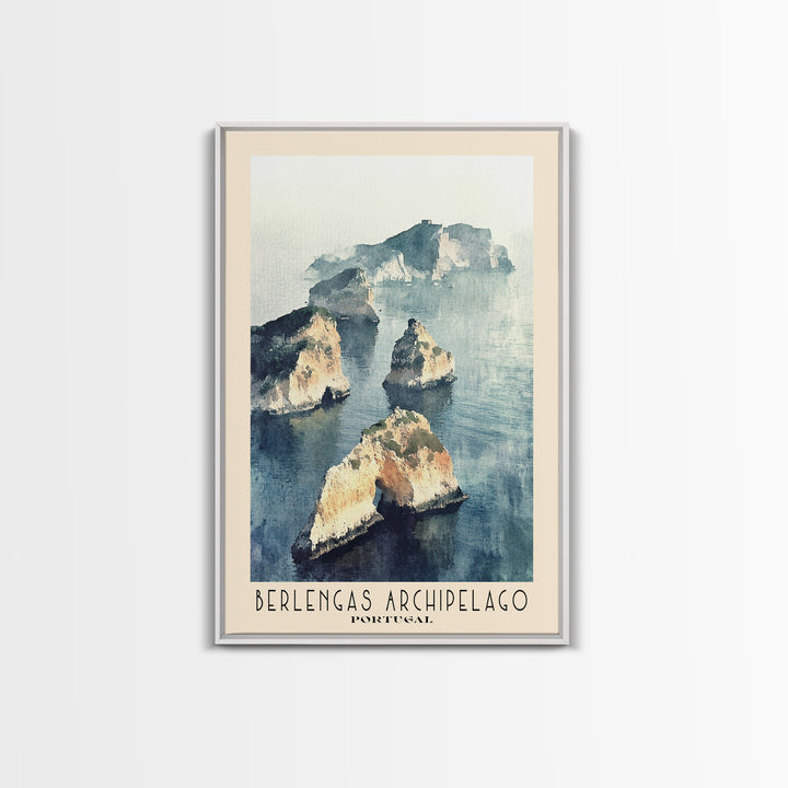 Berlengas Archipelago, Portugal Watercolor Print, Vacation Gift, Portugal Wall Art, Beach Painting, Beach Decor, Large Wall Art, Wood Frame Art