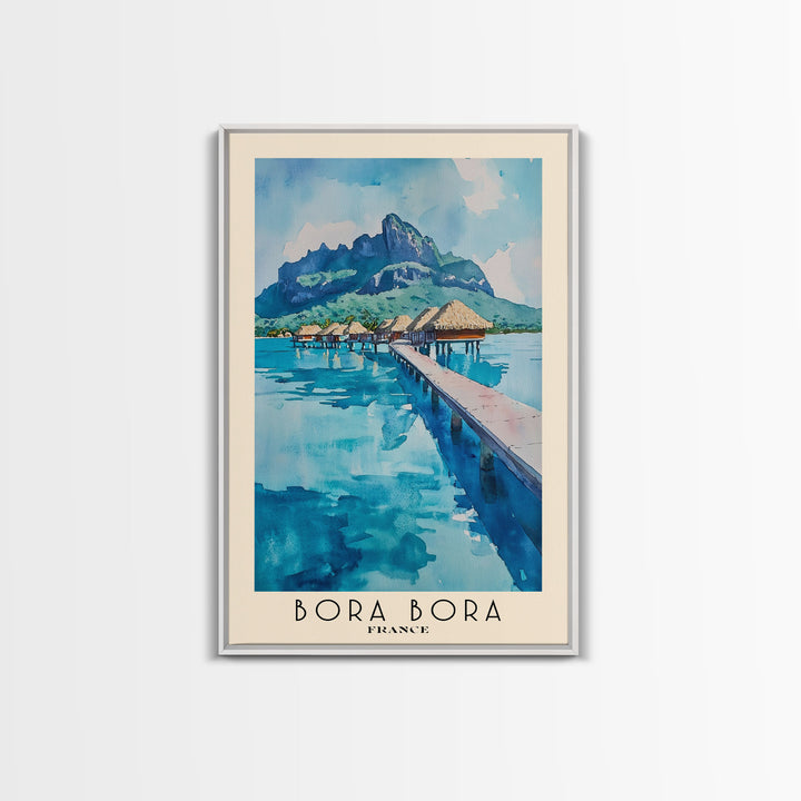 Bora Bora, France Watercolor Beach Print, Vacation Gift, France Wall Art, Framed Canvas Print, Framed Beach Painting