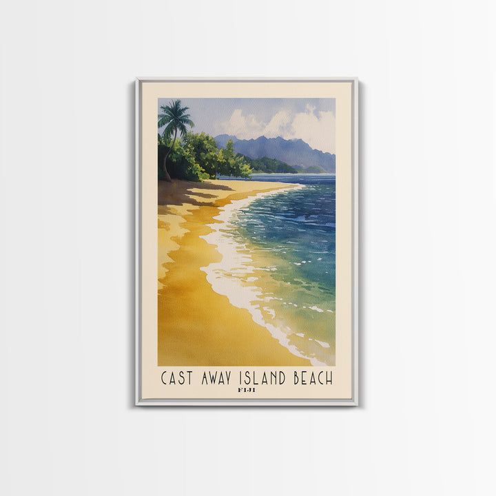 Cast Away Island Beach, Fiji Watercolor Print, Vacation Gift, Fiji Wall Art, Beach Painting, Beach Decor, Large Wall Art, Wood Frame Art