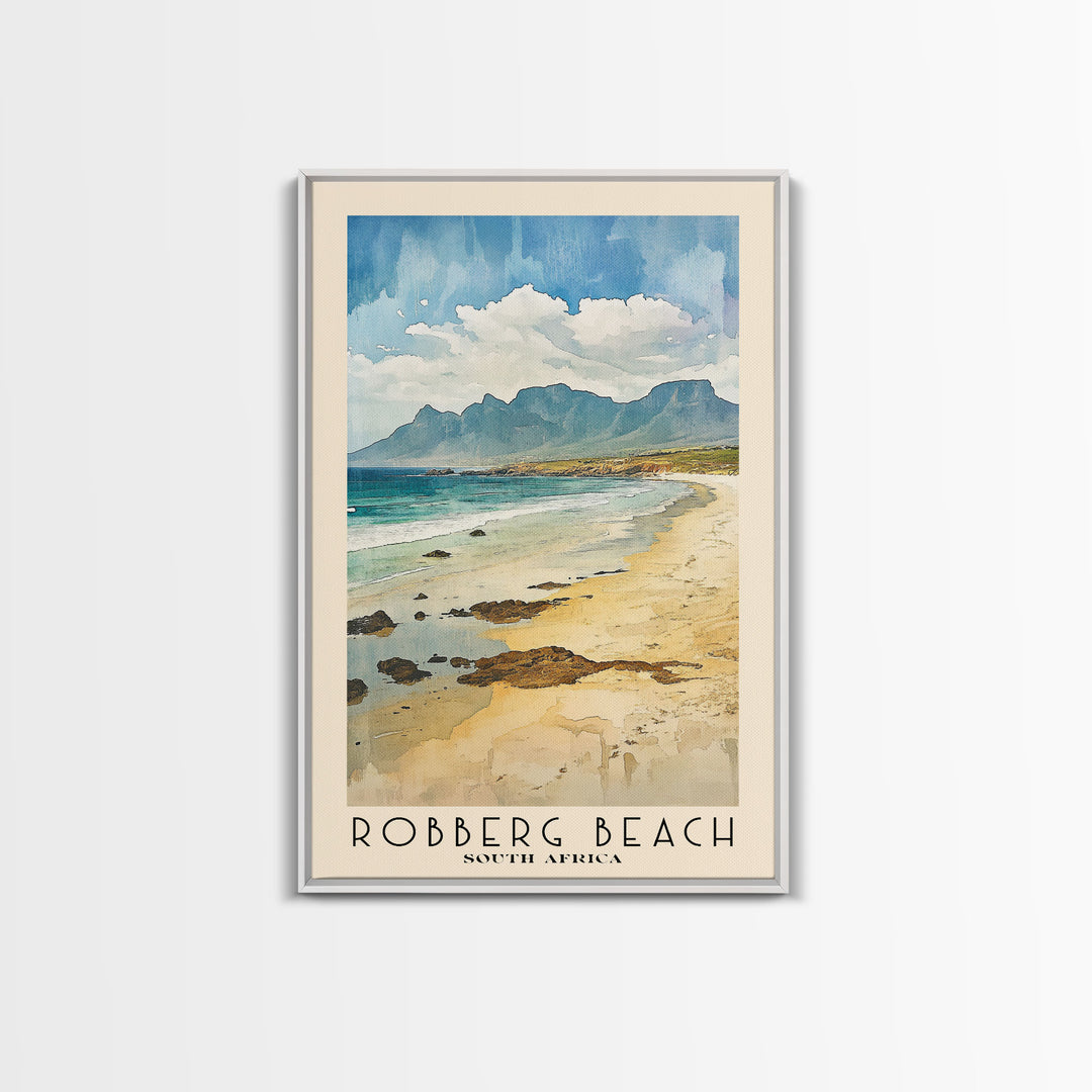 Robberg Beach, South Africa Watercolor Beach Print, Vacation Gift, South Africa Wall Art, Framed Canvas Print, Framed Beach Painting