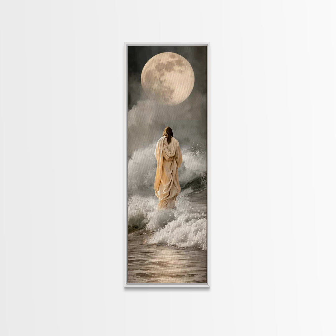 Moonlit Footsteps – Framed Canvas Print – Tall Skinny Art Print – Jesus Painting – Christian Art Canvas – Christian Wall Art