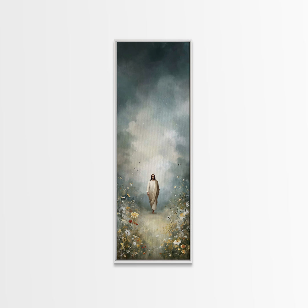 Grace In The Meadow | Framed Canvas Print | Tall Skinny Art Print | Christian Art Canvas | Jesus Painting | Christian Wall Art