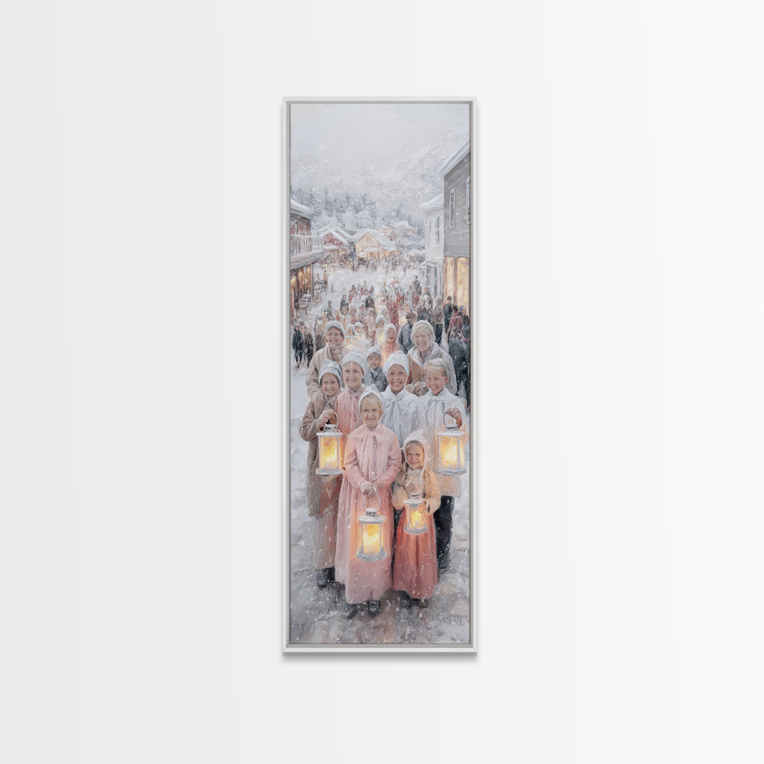 Lantern Carolers – Framed Canvas Print – Christian Christmas Art – Christmas Wall Art – Christian Art Canvas – Skinny Art – Christmas Art P