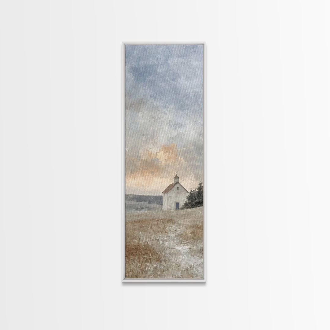 Meadow Chapel Light – Framed Canvas Print – Christian Wall Art – Christian Art Canvas – Vintage Christian Art – Narrow Art – Christian Deco