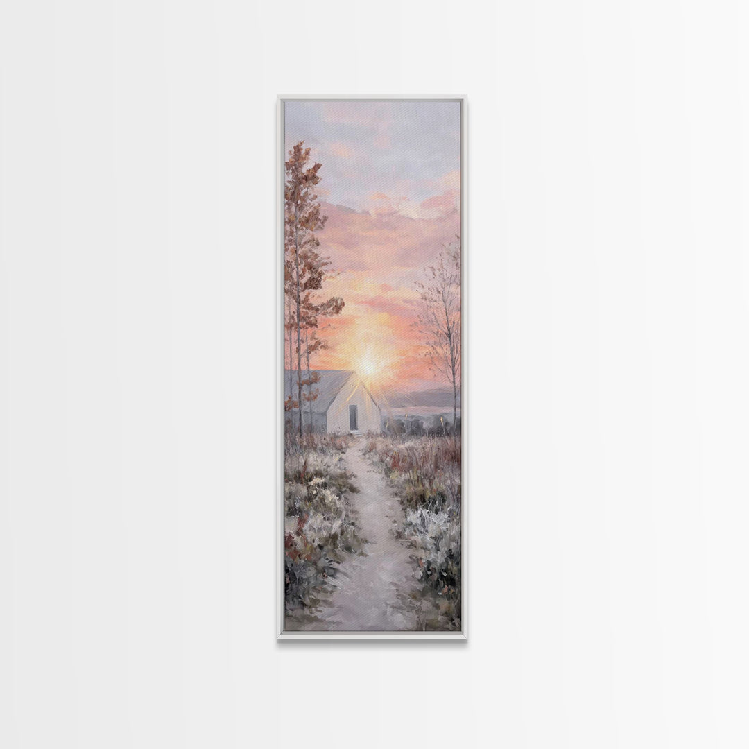Dawn Chapel Path – Framed Canvas Print – Christian Wall Art – Christian Christmas Art – Christian Art Canvas – Skinny Art – Christmas Art