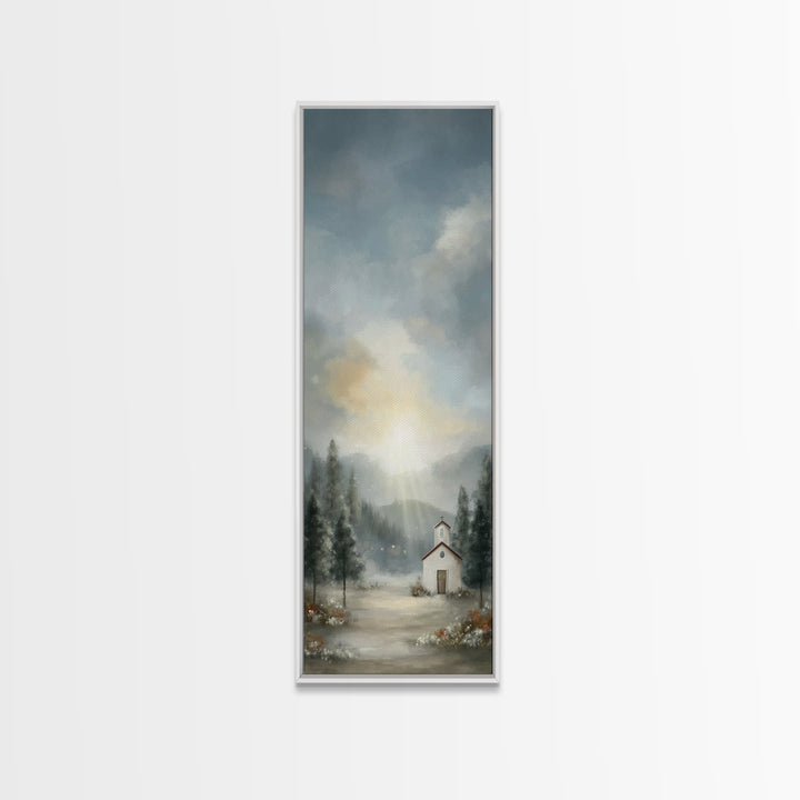 Mountain Chapel Radiance – Framed Canvas Print – Christian Art Canvas – Christian Christmas Art – Christmas Wall Art – Narrow Art – Framed