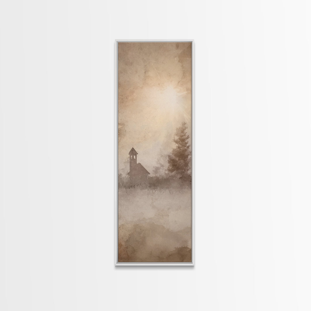 Misty Chapel Glow – Framed Canvas Print – Christian Art Canvas – Christian Wall Art – Christian Christmas Art – Narrow Art – Christian Art