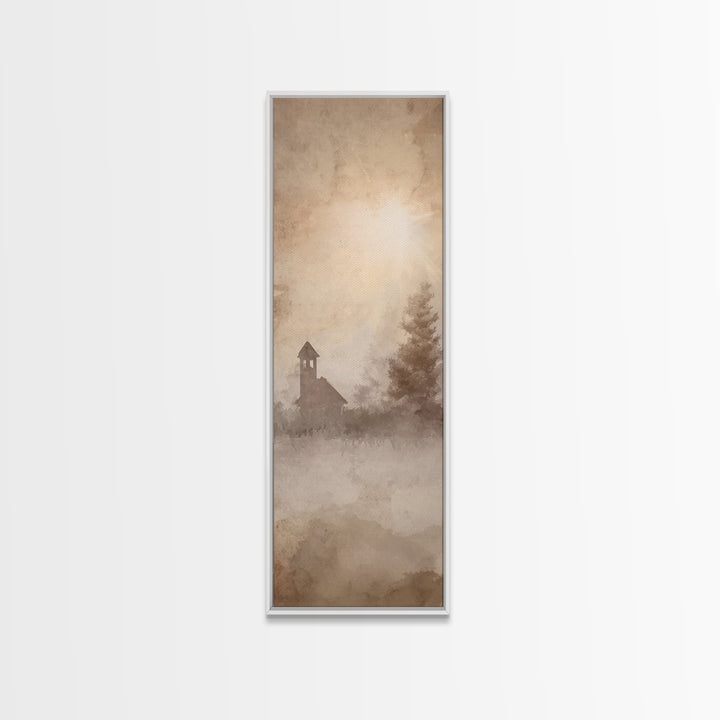 Misty Chapel Glow – Framed Canvas Print – Christian Art Canvas – Christian Wall Art – Christian Christmas Art – Narrow Art – Christian Art