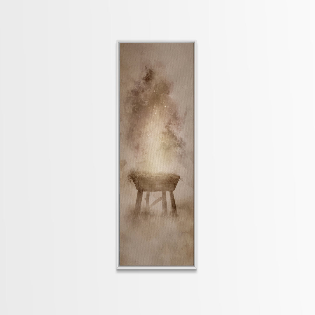 Manger Of Light, Framed Canvas Print, Christian Wall Art, Tall Narrow Wall Art, Christmas Art Prints, Christian Christmas Art, Unique Chris