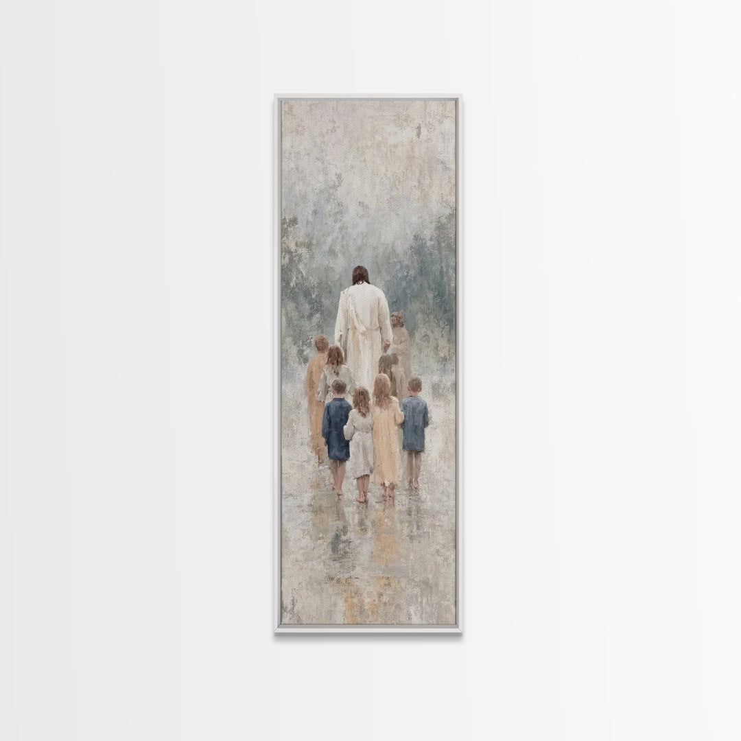 Walking With Jesus | Framed Canvas Print | Tall Narrow Wall Art | Christian Art Print | Jesus Painting | Christian Decor | Subtle Christian