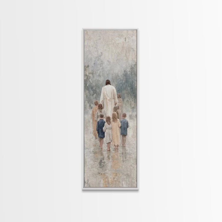 Walking With Jesus | Framed Canvas Print | Tall Narrow Wall Art | Christian Art Print | Jesus Painting | Christian Decor | Subtle Christian