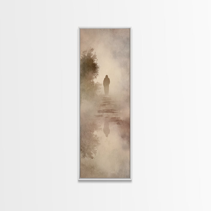 Misty Dawn Walk – Framed Canvas Print – Christian Art – Christian Art Canvas – Jesus Painting – Narrow Art – Christian Christmas Art