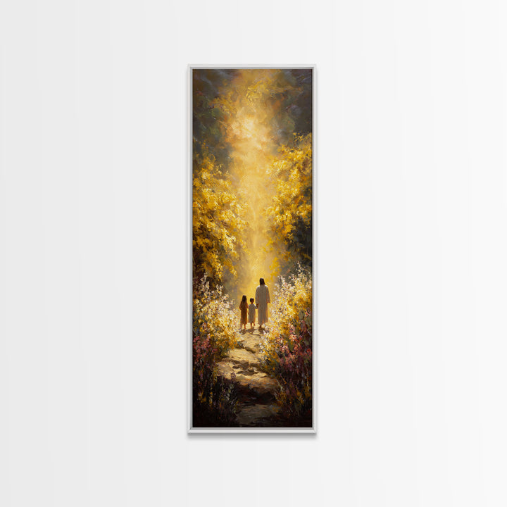 Golden Way Home – Framed Canvas Print – Narrow Art – Christian Christmas Art – Jesus Painting – Christian Wall Art – Christian Art Print