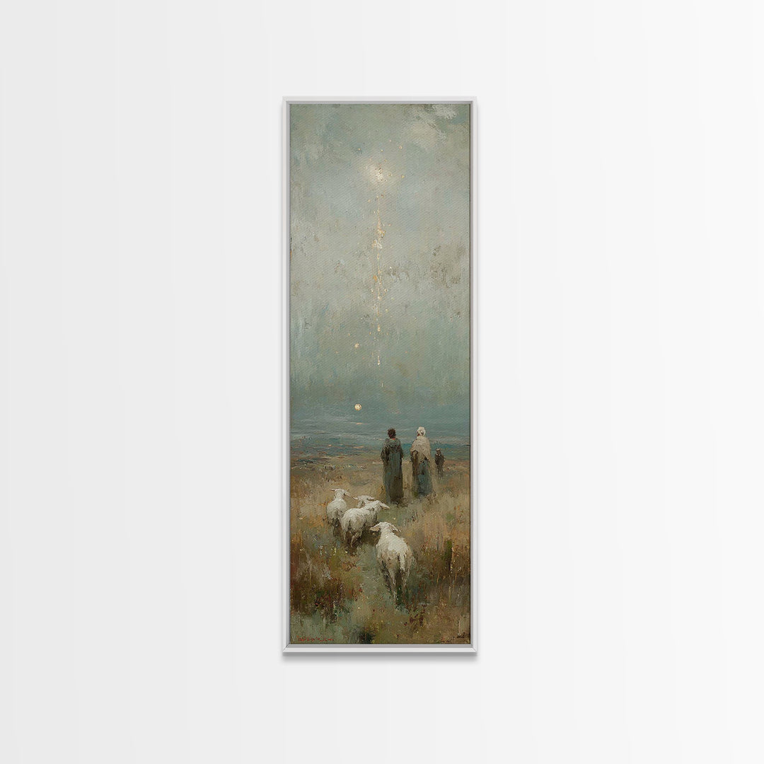 Shepherds At Dawn - Framed Canvas Print - Jesus Painting - Christian Art Canvas - Christian Christmas Art - Narrow Art - Christian Wall Art