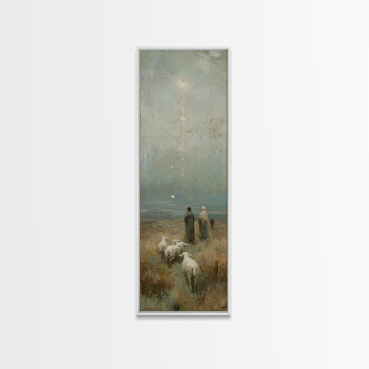 Shepherds At Dawn - Framed Canvas Print - Jesus Painting - Christian Art Canvas - Christian Christmas Art - Narrow Art - Christian Wall Art