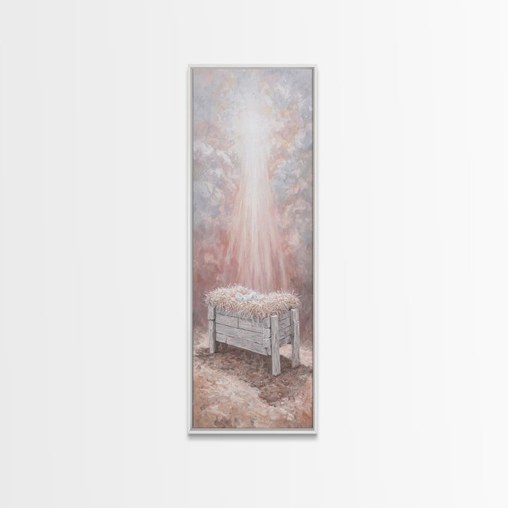 Humble Manger Glow - Framed Canvas Print - Christian Art Canvas - Christian Wall Art - Jesus Painting - Narrow Art - Christian Christmas Ar