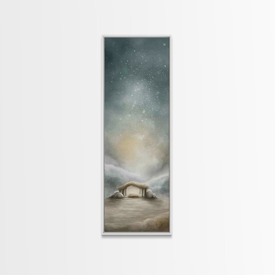 Winter Stable Hope – Framed Canvas Print – Christian Wall Art – Tall Narrow Wall Art – Christian Art Canvas – Jesus Painting – Christian Ch