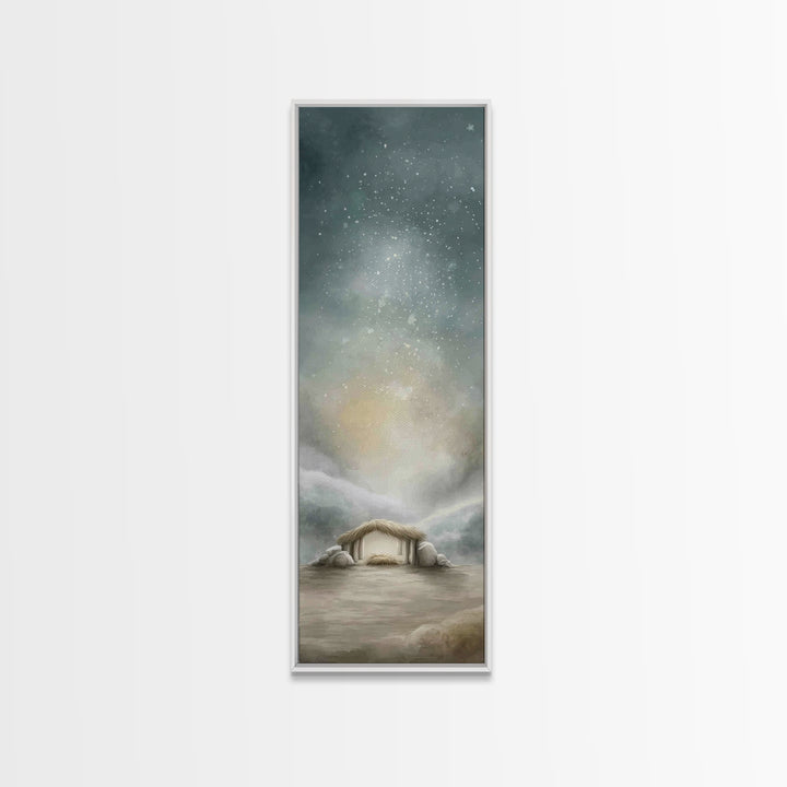 Winter Stable Hope – Framed Canvas Print – Christian Wall Art – Tall Narrow Wall Art – Christian Art Canvas – Jesus Painting – Christian Ch