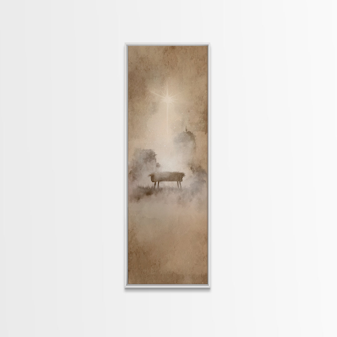 Manger Dawn Glow – Framed Canvas Print – Christian Christmas Art – Christian Wall Art – Narrow Art – Jesus Painting – Christian Art Canvas
