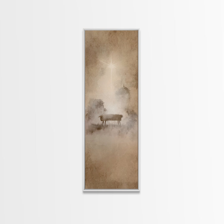 Manger Dawn Glow – Framed Canvas Print – Christian Christmas Art – Christian Wall Art – Narrow Art – Jesus Painting – Christian Art Canvas
