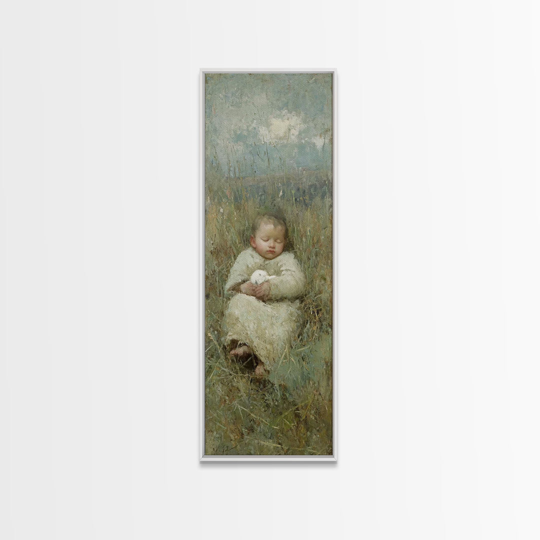 Divine Infant Calm, Framed Canvas Print, Christian Wall Art, Christian Art Canvas, Jesus Painting, Narrow Art