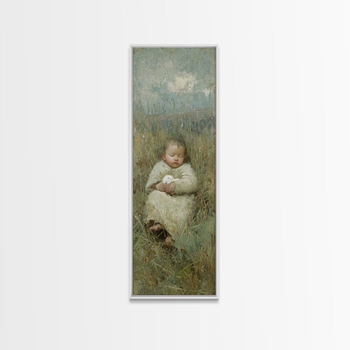 Divine Infant Calm, Framed Canvas Print, Christian Wall Art, Christian Art Canvas, Jesus Painting, Narrow Art