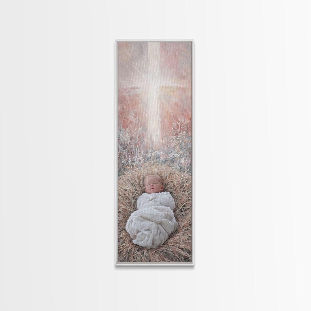 Sacred Manger Light | Framed Canvas Print | Christian Art Canvas | Christian Wall Art | Jesus Painting | Skinny Art