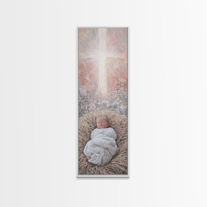 Sacred Manger Light | Framed Canvas Print | Christian Art Canvas | Christian Wall Art | Jesus Painting | Skinny Art