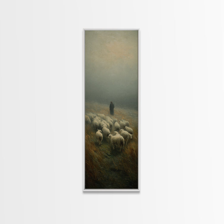 Misty Shepherd Peace, Framed Canvas Print, Christian Wall Art, Skinny Art, Jesus Painting, Christian Art Canvas, Christmas Art, Christian D