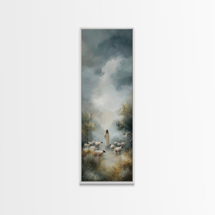 Cloudbound Shepherd – Framed Canvas Print – Christian Wall Art – Jesus Painting – Christian Art Canvas – Tall Skinny Art Print – Christian