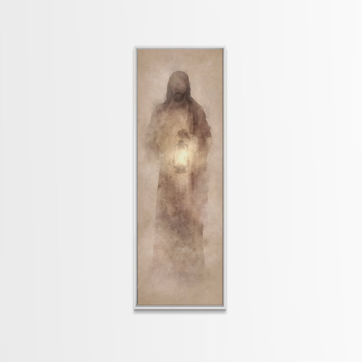 Soft Dawn Presence – Framed Canvas Print – Skinny Art – Christian Art Canvas – Christian Wall Art – Jesus Painting – Narrow Art – Modern Ch