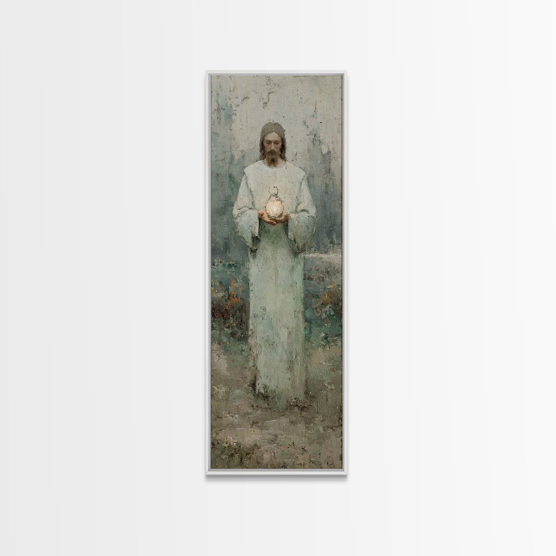 Hushed Lantern Grace – Framed Canvas Print – Narrow Art – Christian Wall Art – Christian Art Canvas – Jesus Painting – Skinny Art – Large C