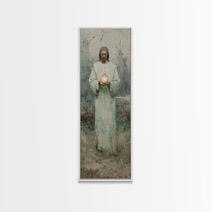 Hushed Lantern Grace – Framed Canvas Print – Narrow Art – Christian Wall Art – Christian Art Canvas – Jesus Painting – Skinny Art – Large C