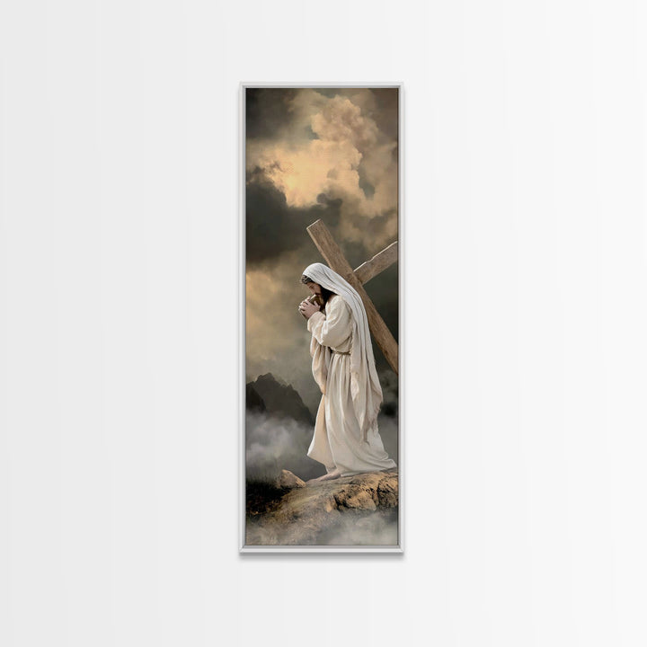 Burden Of Mercy, Framed Canvas Print, Christian Art Canvas, Jesus Painting, Tall Narrow Wall Art, Christian Wall Art, Christian Decoration
