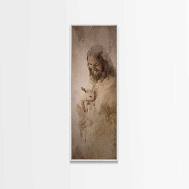 Shepherd’s Embrace – Framed Canvas Print – Christian Wall Art – Jesus Painting – Christian Art Canvas – Narrow Art – Christmas Art Prints