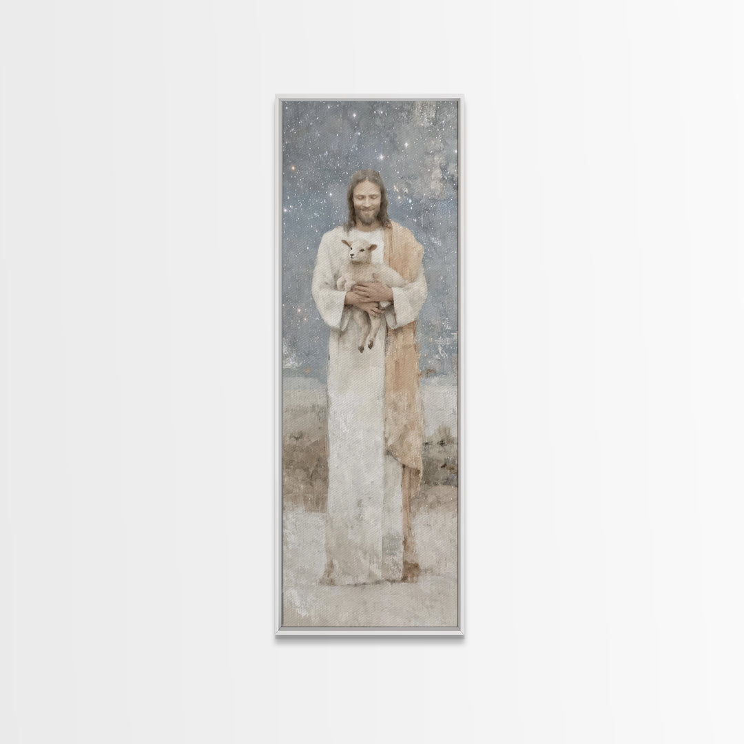 Gentle Shepherd Light – Framed Canvas Print – Christian Wall Art – Jesus Painting – Tall Narrow Wall Art – Christian Art Canvas