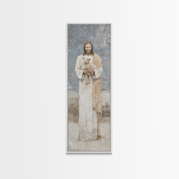 Gentle Shepherd Light – Framed Canvas Print – Christian Wall Art – Jesus Painting – Tall Narrow Wall Art – Christian Art Canvas