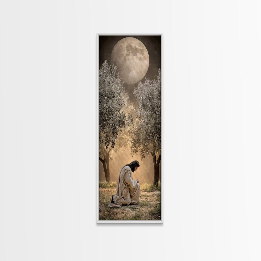 Moonlit Garden Prayer – Framed Canvas Print – Christian Wall Art – Jesus Painting – Tall Narrow Wall Art – Christian Art Canvas