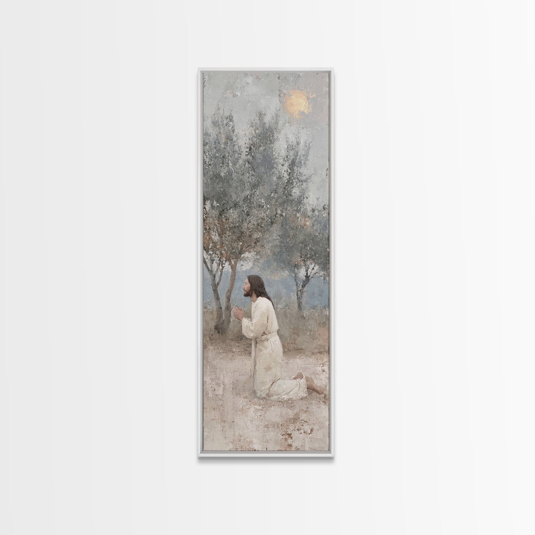 Quiet Olive Devotion – Framed Canvas Print – Christian Art Canvas – Christian Wall Art – Skinny Art – Jesus Painting