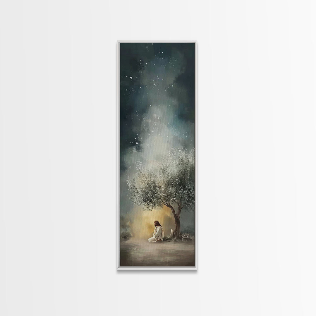 Night Of Stillness – Framed Canvas Print – Christian Art Print – Jesus Painting – Narrow Art – Modern Christian Art