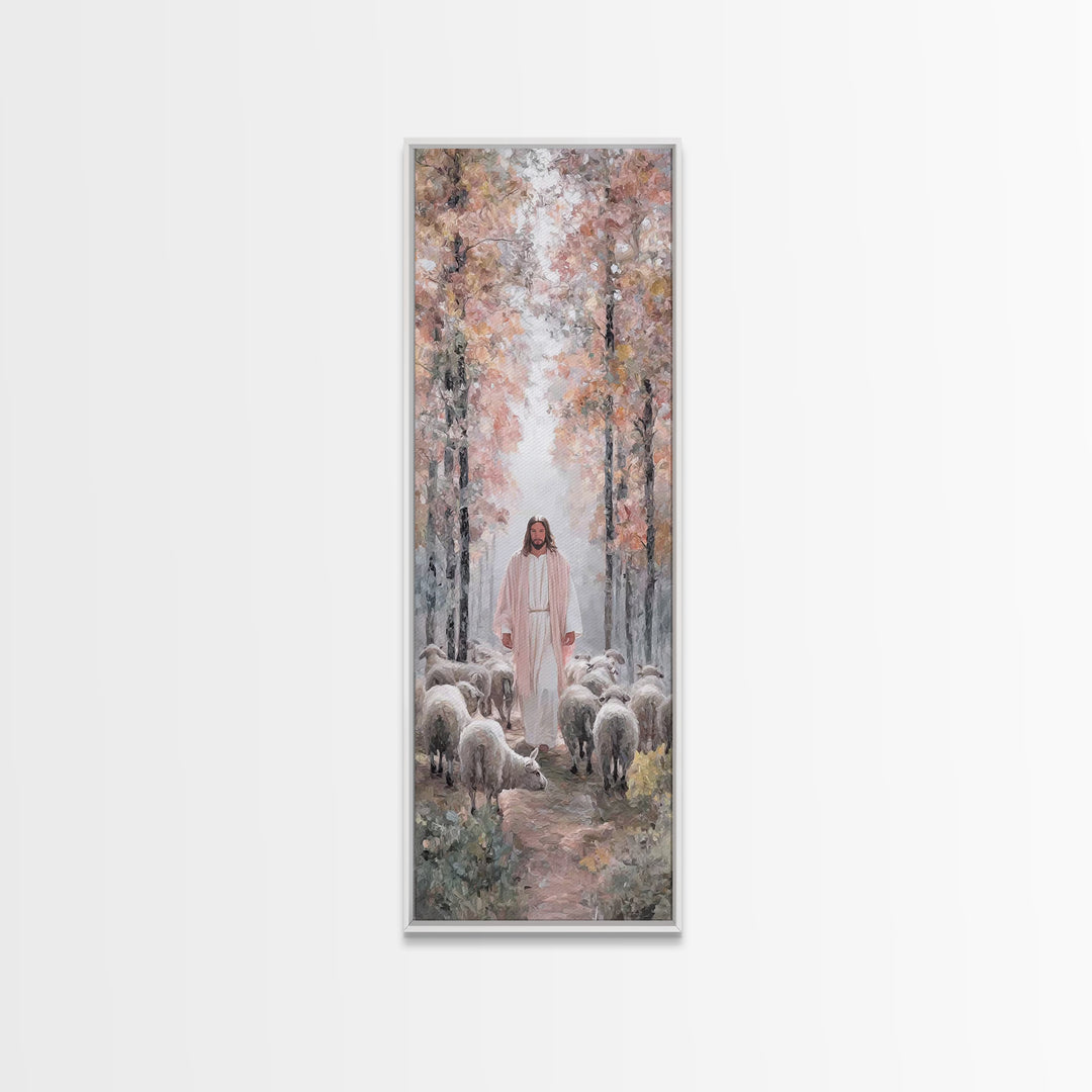 Autumn Shepherd Path – Framed Canvas Print – Tall Skinny Art Print – Christian Painting – Jesus Art Print – Christian Wall Art
