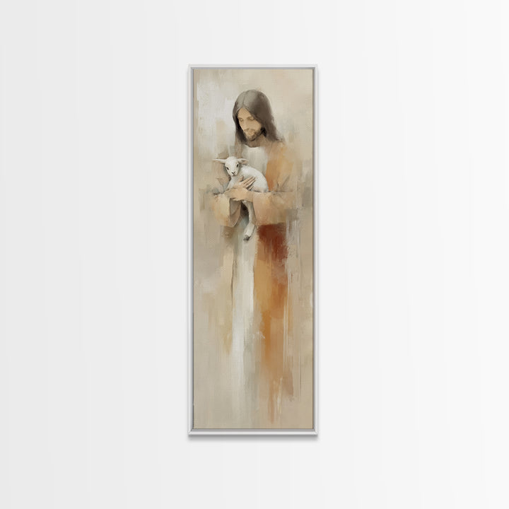 Gentle Shepherd Care – Framed Canvas Print – Jesus Painting – Christian Art – Tall Skinny Art Print – Christian Wall Art – Christmas Art