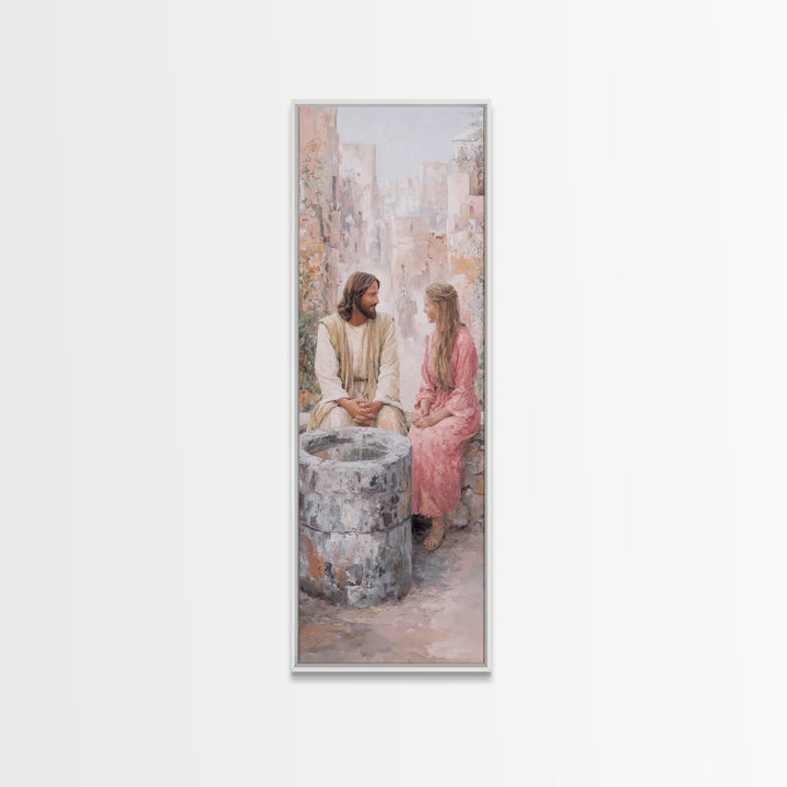 Timeless Well Gathering – Framed Canvas Print – Tall Narrow Wall Art – Jesus Painting – Christian Art Canvas – Christian Wall Art – Christi