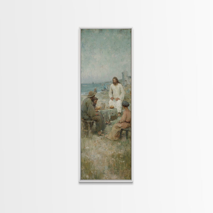 Shoreline Bread Blessing – Framed Canvas Print – Skinny Art – Christian Wall Art – Christian Art Canvas – Jesus Painting – Christmas Art –