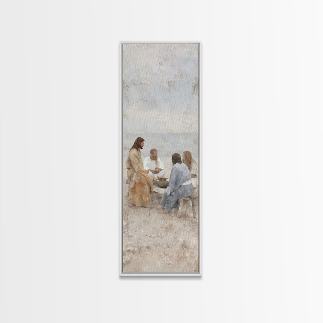 Quiet Beach Gathering – Framed Canvas Print – Tall Narrow Wall Art – Christian Wall Art – Christian Art Canvas – Jesus Painting – Christian