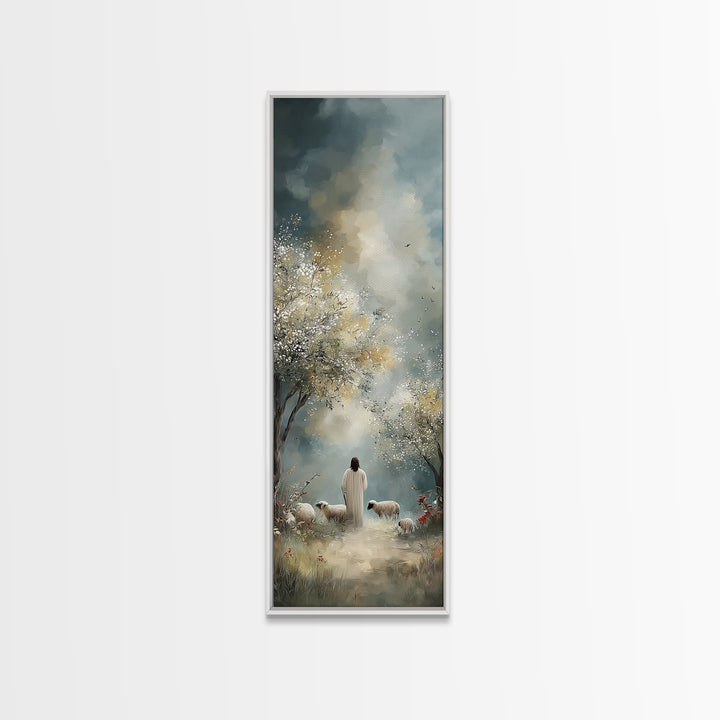 Pastoral Dawn Walk – Framed Canvas Print – Tall Skinny Art Print – Christian Wall Art – Christian Art Canvas – Jesus Painting – Christian C