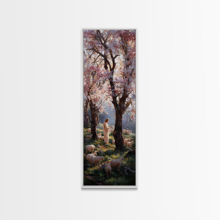 Spring Shepherd Grace – Framed Canvas Print – Tall Narrow Wall Art – Christian Art Canvas – Christian Wall Art – Jesus Painting – Christian